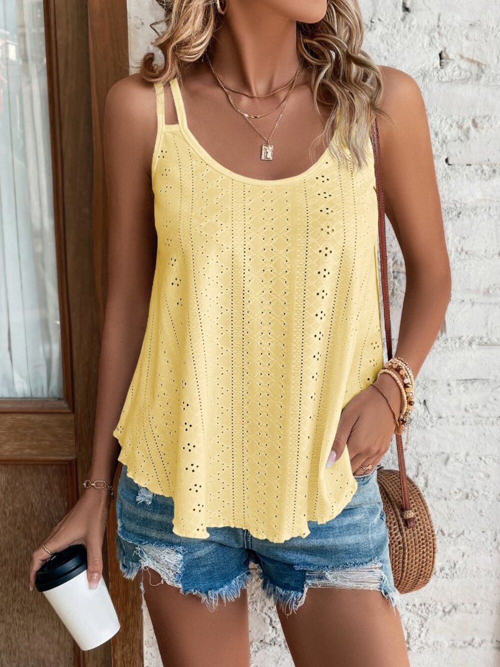 Yellow Boho Women's Eyelet Embroidery Cami Top